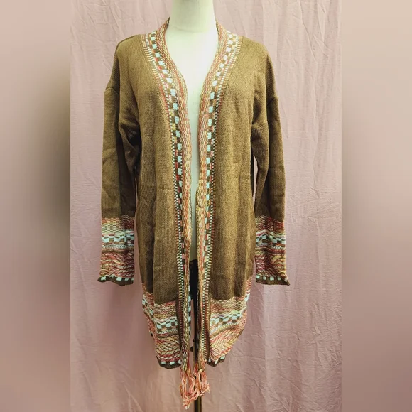 SHEIN LUNE Checkered & Geo Pattern Drop Shoulder Fringe Trim Duster Cardigan-(S) - Picture 4 of 10